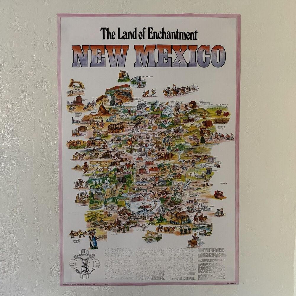 1976 Archar New Mexico Land Of Enchantment Cartoon Map Travel Poster Tom Dodds